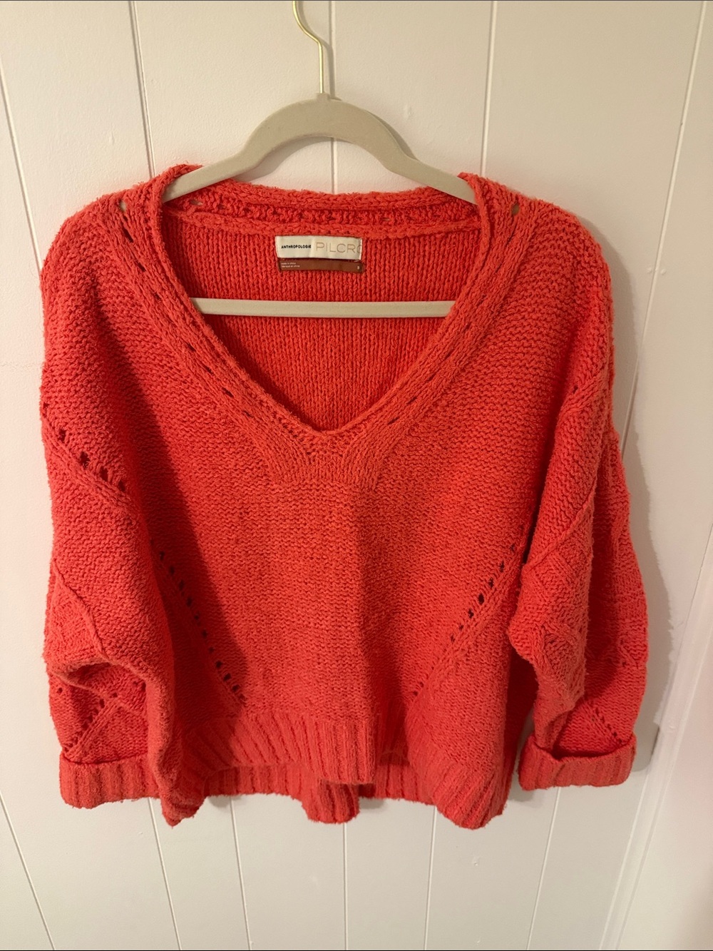 Anthropologie Coral V-Neck Chunky Knit Sweater